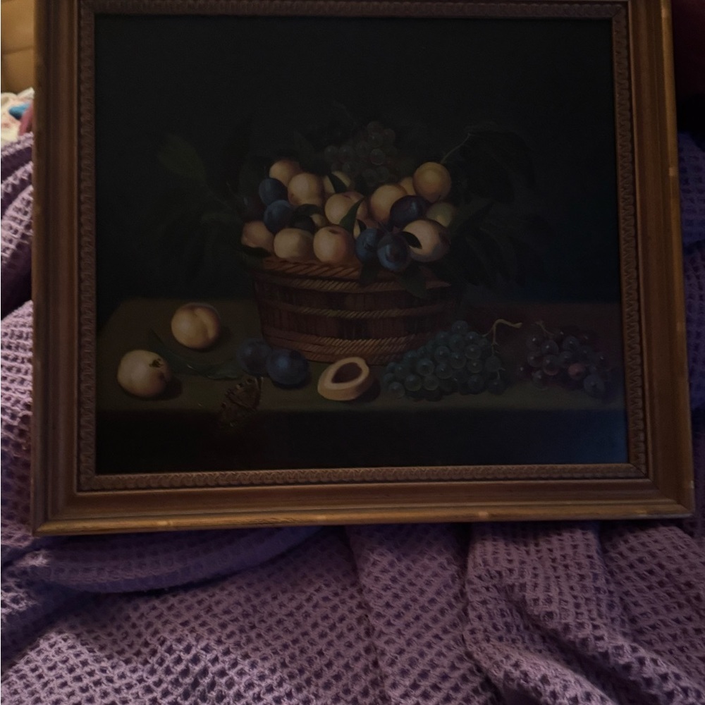 Classic Still Life Fruit Basket Wall Art in Cream and Blue - Picture 2 of 2